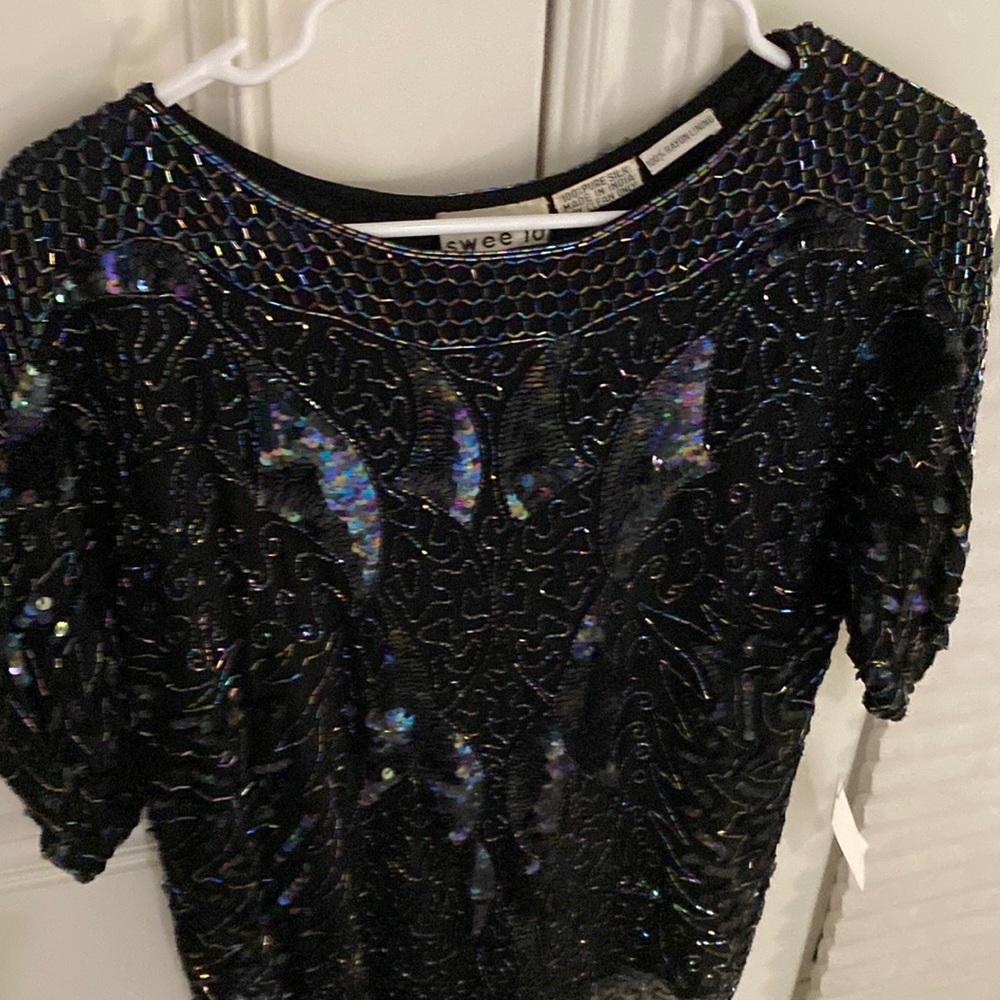 Vintage 100% pure silk sequined blouse size medium made by Swee lo.